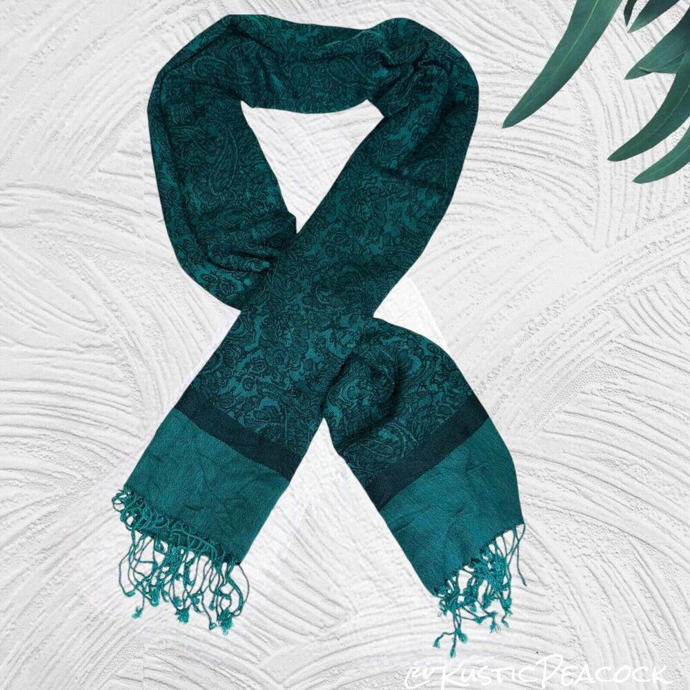 Boho Floral Necktie Scarf Women's 84" Teal Blue Multicolor Wrap Shawl Fringe